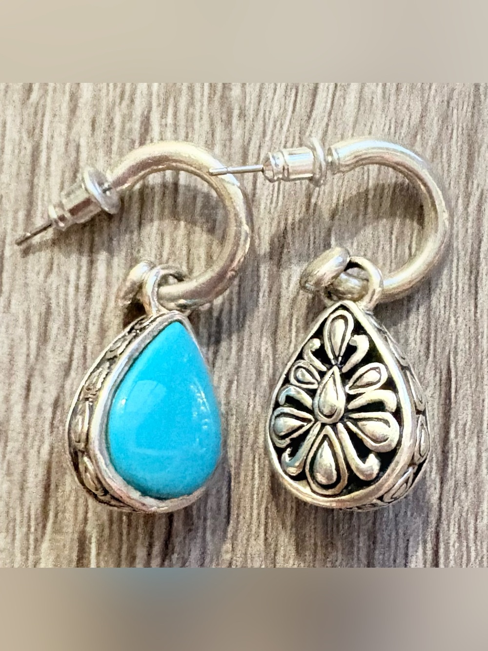 Sterling Silver Reversable Teardrop Turquoise Drop Earrings - Blue